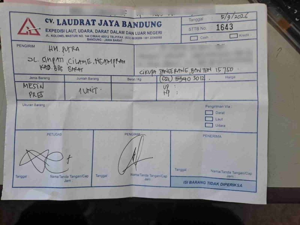 surat jalan pengiriman mesin ke Cikupa tangerang